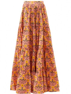 AGUA BY AGUA BENDITA Macadamia floral-print tiered cotton maxi skirt / pink floor sweeping skirts - flipped