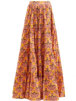 AGUA BY AGUA BENDITA Macadamia floral-print tiered cotton maxi skirt / pink floor sweeping skirts