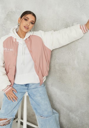 MISSGUIDED pink new york varsity bomber jacket ~ womens American style casual jackets ~ women’s USA college style outerwear - flipped