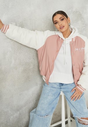 MISSGUIDED pink new york varsity bomber jacket ~ womens American style casual jackets ~ women’s USA college style outerwear