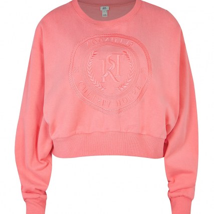 RIVER ISLAND Pink RI embroidered cropped sweatshirt / crop hem logo sweatshirts / women’s slogan sweat tops - flipped