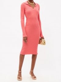 BOTTEGA VENETA Rib-knitted cotton midi dress in coral-pink / chic rib knit dresses / ribbed knitwear