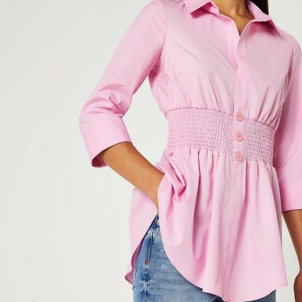 RIVER ISLAND Pink shirred shirt ~ womens 3/4 sleeve over shirts ~ women’s curved hem tops - flipped