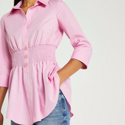 RIVER ISLAND Pink shirred shirt ~ womens 3/4 sleeve over shirts ~ women’s curved hem tops