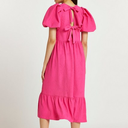 RIVER ISLAND Pink textured tie back midi dress ~ puff sleeve tiered hem dresses