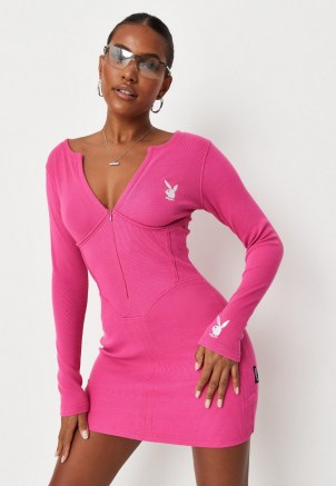 playboy x missguided pink rib corset mini dress ~ long sleeve fitted bodice bunny logo dresses