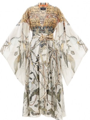 COMMON HOURS Gardenia-print cotton-blend maxi robe dress | kimono style wide statement sleeve robes - flipped
