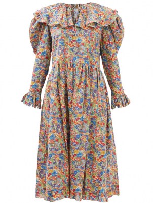 HORROR VACUI Gertrude floral-print cotton midi dress | vintage style puff sleeve oversized collar dresses - flipped
