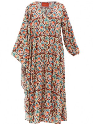 LA DOUBLEJ Opera cape-sleeve Matisse-print twill maxi dress / flowing floral print vintage style dresses - flipped