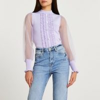 RIVER ISLAND Purple frill detail puff sleeve top ~ front ruffled sheer sleeved tops