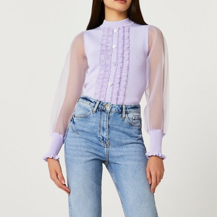 RIVER ISLAND Purple frill detail puff sleeve top ~ front ruffled sheer sleeved tops - flipped