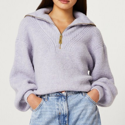 River Island Purple half zip knitted jumper | balloon sleeve drop shoulder jumpers | womens on trend sweaters - flipped