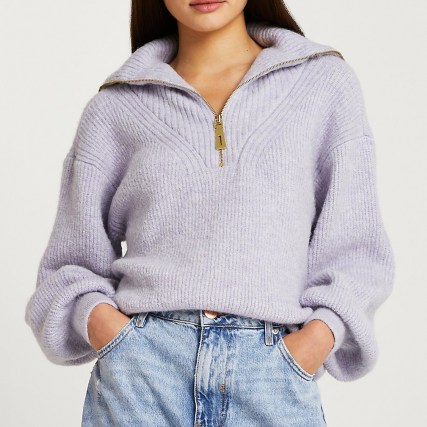 River Island Purple half zip knitted jumper | balloon sleeve drop shoulder jumpers | womens on trend sweaters