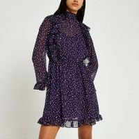 RIVER ISLAND Purple spot print waisted ruffle dress / high neck ruffled dresses