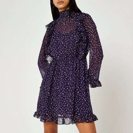 RIVER ISLAND Purple spot print waisted ruffle dress / high neck ruffled dresses - flipped
