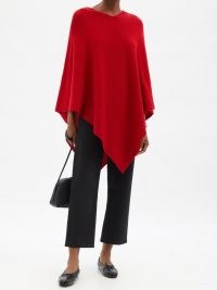 ALLUDE Asymmetric ribbed-knit cashmere poncho in red ~ peaked hem ponchos ~ womens chic autumn outerwear