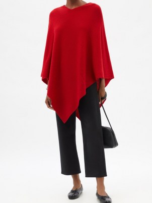 ALLUDE Asymmetric ribbed-knit cashmere poncho in red ~ peaked hem ponchos ~ womens chic autumn outerwear - flipped