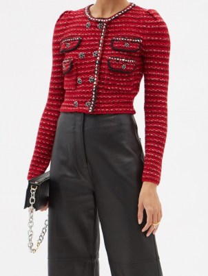 SELF-PORTRAIT Crystal-button cropped wool-blend cardigan | red textured bouclé inspired cardigans | lady like crop hem cardi
