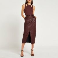 RIVER ISLAND Red faux leather midi skirt – front split tie waist detail skirts