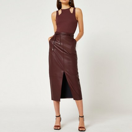 RIVER ISLAND Red faux leather midi skirt – front split tie waist detail skirts - flipped