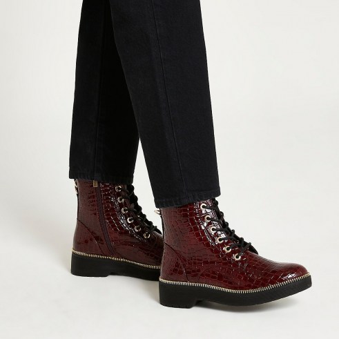 RIVER ISLAND Red Lace Up Chunky Boot / womens snake embossed ankle boots / women’s casual autumn footwear