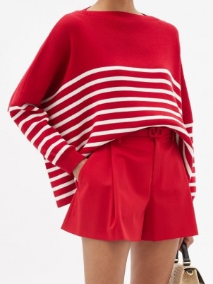 VALENTINO Oversized boat-neck striped cotton-intarsia jumper | womens slouchy red and white stripe jumpers | women’s designer logo knitwear