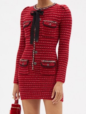 SELF-PORTRAIT Tweed-effect wool-blend knitted mini dress in red | textured bodycon dresses - flipped