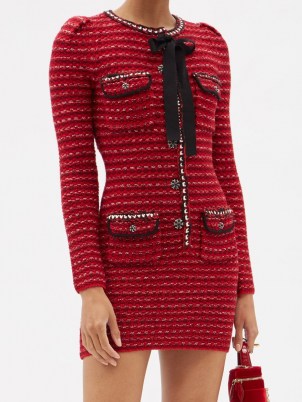 SELF-PORTRAIT Tweed-effect wool-blend knitted mini dress in red | textured bodycon dresses