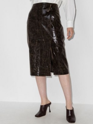 Rejina Pyo Delores brown faux-leather skirt | high-shine coated wrap design skirts