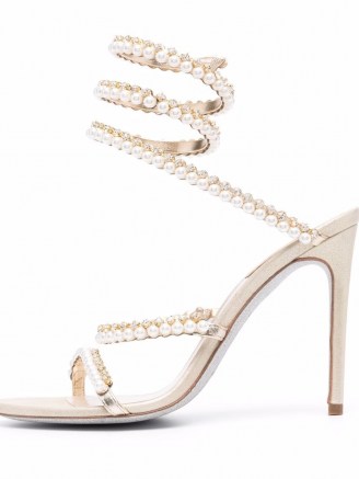 René Caovilla Cleo pearl-embellished sandals / glamorous ankle wrap occasion heels - flipped