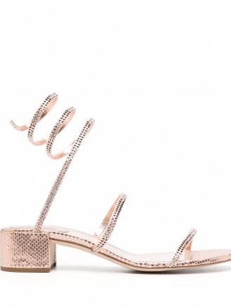 René Caovilla Cleo rhinestone-embellished leather sandals in rose-pink / shimmering strappy block heel sandal - flipped