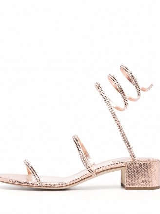 René Caovilla Cleo rhinestone-embellished leather sandals in rose-pink / shimmering strappy block heel sandal