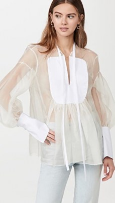 Rosie Assoulin Swashbuckler Top in White – sheer white organza balloon sleeve tops - flipped