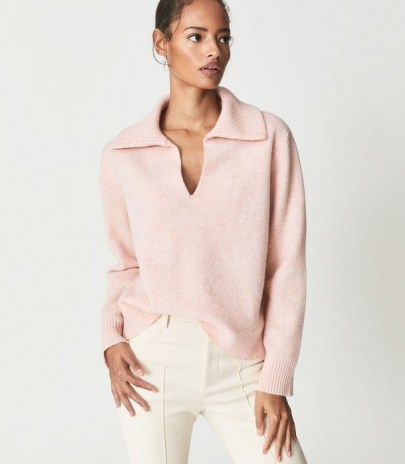 REISS RYLEE WOOL CASHMERE BLEND JUMPER PINK / luxe blush-tone open-collar jumpers / womens chic sweaters / women’s luxury style knitwear - flipped