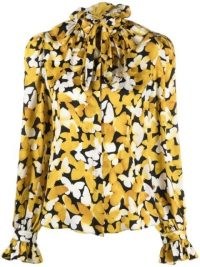 Saint Laurent butterfly print silk shirt – womens yellow ruffle collar shirts – feminine ruffled tie neck detail blouses