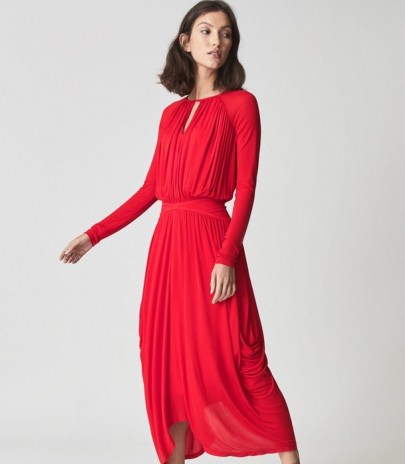 REISS SAVANNAH OCCASION MIDI DRESS RED ~ draped detail open back event dresses - flipped