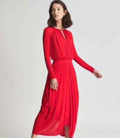 REISS SAVANNAH OCCASION MIDI DRESS RED ~ draped detail open back event dresses