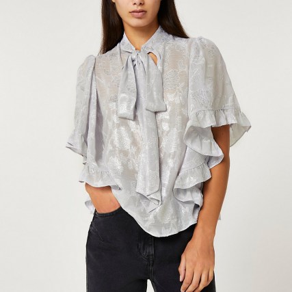 RIVER ISLAND Silver floral print tie neck blouse / waterfall ruffle sleeve pussy bow blouses / romantic style tops / feminine fashion - flipped