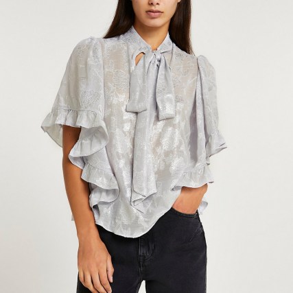 RIVER ISLAND Silver floral print tie neck blouse / waterfall ruffle sleeve pussy bow blouses / romantic style tops / feminine fashion