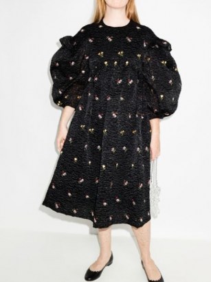 Simone Rocha black signature-sleeve midi dress / voluminous puff sleeve floral embroidered dresses / romantic fashion with volume / ruffle detail - flipped