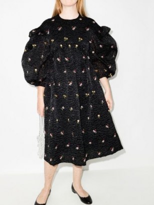 Simone Rocha black signature-sleeve midi dress / voluminous puff sleeve floral embroidered dresses / romantic fashion with volume / ruffle detail