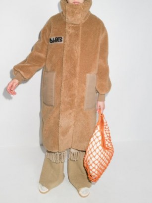 Stella McCartney Luna Teddy Mat oversized coat in biscuit brown / womens designer faux fur funnel neck coats / women’s winter outerwear - flipped