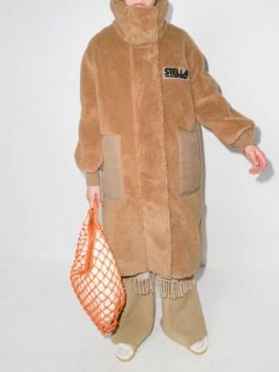 Stella McCartney Luna Teddy Mat oversized coat in biscuit brown / womens designer faux fur funnel neck coats / women’s winter outerwear