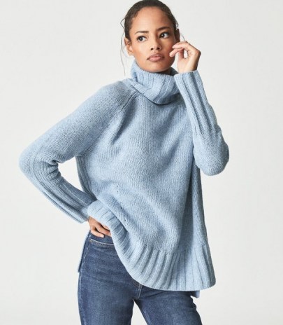 REISS STEVIE WOOL BLEND ROLL NECK BLUE / high neck relaxed fit sweaters / women’s chic pullovers - flipped