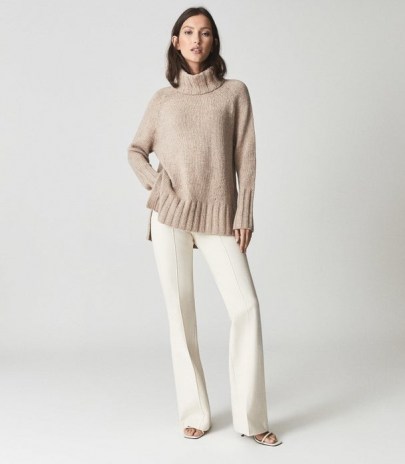 REISS STEVIE WOOL BLEND ROLL NECK NUDE ~ chic chunky knits ~ womens high neck dip hem jumpers - flipped