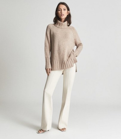 REISS STEVIE WOOL BLEND ROLL NECK NUDE ~ chic chunky knits ~ womens high neck dip hem jumpers