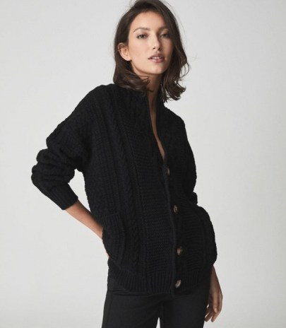 REISS SUMMER SHAWL COLLAR CARDIGAN BLACK ~ high neck textured cable pattern cardigans ~ chic knitwear - flipped
