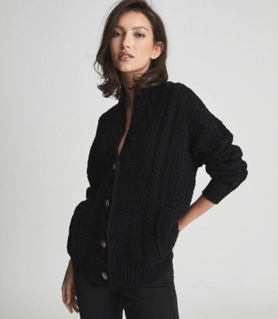 REISS SUMMER SHAWL COLLAR CARDIGAN BLACK ~ high neck textured cable pattern cardigans ~ chic knitwear