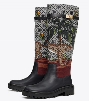 Tory Burch T MONOGRAM T HARDWARE EMBROIDERED BOOT in Navy Mist / Cheetah Needlepoint – womens designer jacquard tall boots - flipped