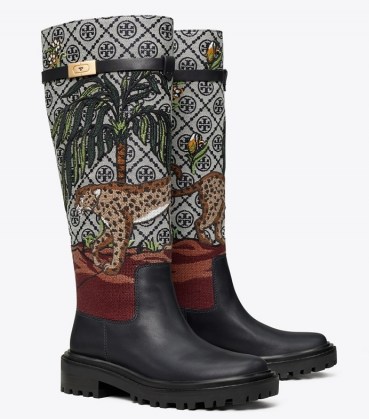 Tory Burch T MONOGRAM T HARDWARE EMBROIDERED BOOT in Navy Mist / Cheetah Needlepoint – womens designer jacquard tall boots